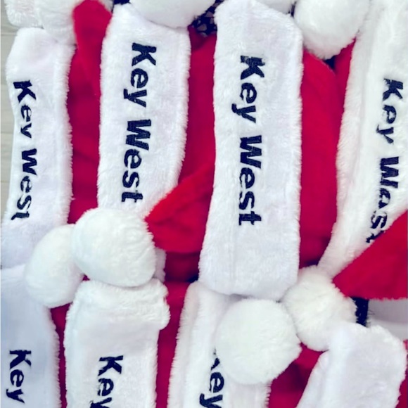 1 PC Key West Red Faux Fur White Trim Black Embroidered Festive Santa Hat - Picture 3 of 3